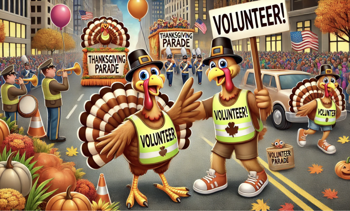 Cartoon: Two turkeys (wearing volunteer vests and one holding a volunteer sign") smiling in the middle of the Chicago Thanksgiving Parade.